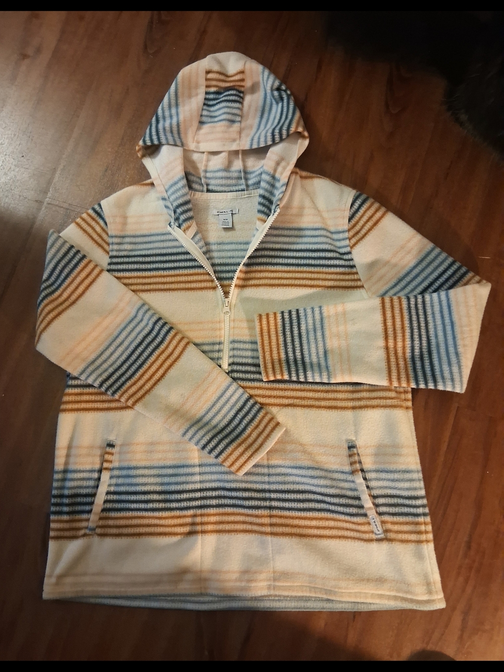 O'Neill Cream Zip Hooded Sweater with Blue & Tan Stripes